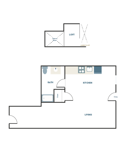 Floor plan for studio, 1 bath, 393 sqft